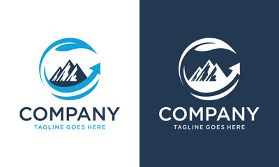 Creative Mountain peak logo with grow, arrow, analytic design vector illustration. icon for business, finance, travel, symbol, creative, logotype. - obrazy, fototapety, plakaty