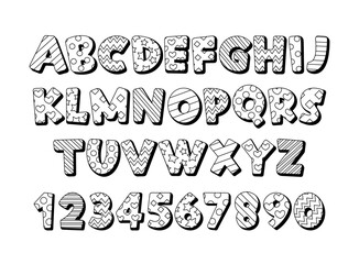 Monochrome Children Cartoon Font Alphabet Features Playful, Rounded Letters With Black and White Colors - obrazy, fototapety, plakaty