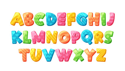 Fototapeta premium Cartoon Whimsical Children Font Alphabet Features Playful, Rounded Letters With Vibrant Colors, Invoking A Sense Of Joy