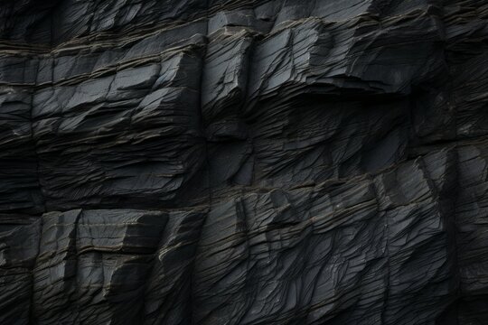 Dark Aged Shabby Cliff Face And Divided By Huge Cracks And Layers. Coarse, Rough Gray Stone Or Rock Texture Of Mountains,