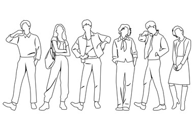Vector silhouettes of  men and women, a group of standing  business people,  linear sketch, black and white color isolated on white background