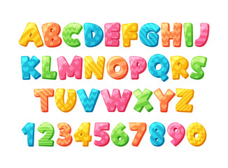 Whimsical Children Cartoon Font Alphabet Features Playful, Rounded Letters And Numbers With Vibrant Colors, Vector Set