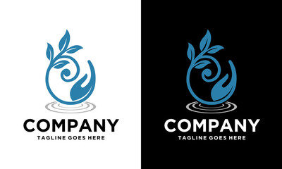 Creative Water Care Hands Holding Drop Logo Design Symbol Illustration. Hand, leaf and water drop, concept vector illustration
