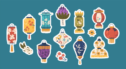 Asian Paper Lanterns Sticker Set. Inspired By Traditional Designs, These Vibrant Patches Bring A Touch Of Cultural Charm