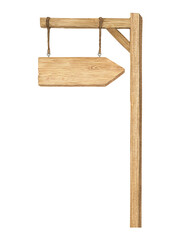 Watercolor illustration of wood sign holder, wooden arrow-shaped plank or direction pointer signpost isolated. Handmade.