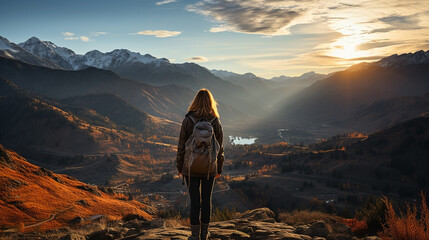 Isolated young lady traveler hiking through a mountain in a sunny day and looking at the mountain range landscape view  - obrazy, fototapety, plakaty