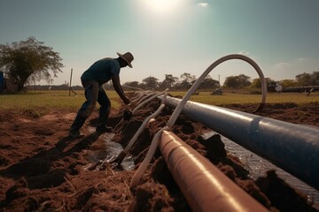 Installing pipeline irrigation system outdoors. Generative AI - obrazy, fototapety, plakaty