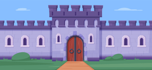 Medieval castle wall door. Road to old castle, fortress or village. Cartoon brick fence with wooden gate. Fantasy stronghold nowaday vector scene