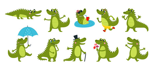 Cartoon crocodiles. Funny cartoon crocodile resting, walking on rain, running nad swimming. Isolated cute childish alligator, classy vector animal