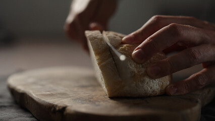 Closeup rustic ciabatta bread sliced - obrazy, fototapety, plakaty