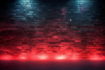 Retro Modern Sci Fi Dance Room Brick Walls Neon Laser Red Blue Glowing Beams Concrete Floor Empty...