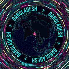 Bangladesh on globe. Satellite view of the world centered on Bangladesh. Bright neon style. Futuristic radial bricks background. Powerful vector illustration.