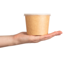 Soup bowl, cup, package to go. Container mock up in hand, isolated on white