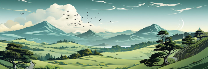 wide panoramic landscape Illustration scenery drawing with morning sunrise with colorful cool bluish effect and clouds awith bright sky through foggy greeny grass mountain valley  - obrazy, fototapety, plakaty