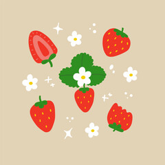 Strawberry vector set. Red berry illustration. Isolated design elements.