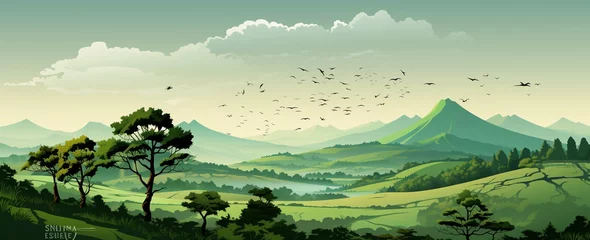 Fotobehang wide panoramic landscape Illustration scenery drawing with morning sunrise with colorful cool bluish effect and clouds awith bright sky through foggy greeny grass mountain valley  © Sudarshana