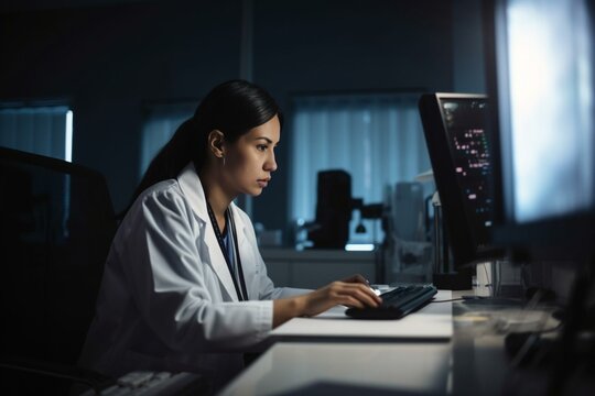 Hispanic Doctor's Office: Experienced Head Nurse Sitting at Her Desk Working on Personal Computer in Data Software. Medical Health Care Specialist Filling Prescription Forms, Checking. Generative AI