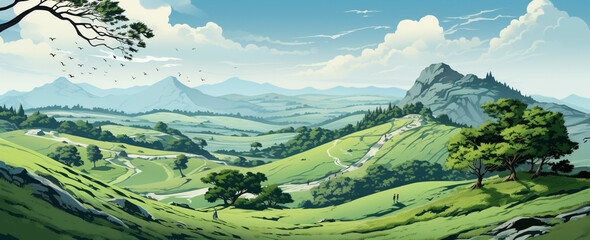 wide panoramic landscape Illustration scenery drawing with morning sunrise with colorful cool bluish effect and clouds awith bright sky through foggy greeny grass mountain valley 