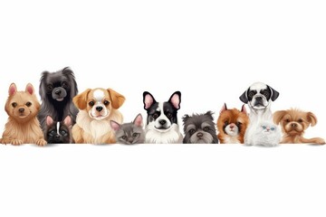 Group of dogs standing next to each other on white background.