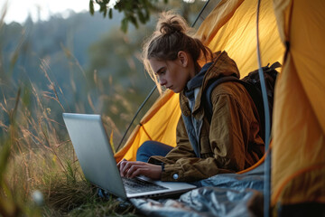 Young woman sitting in the tent camping using a laptop - obrazy, fototapety, plakaty