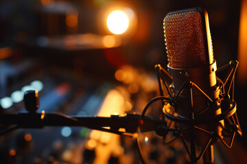 Condenser microphone golden in the studio recording creating the sound effect