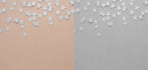 Star-shaped Confetti Sprinkled on a Light Coral and Light Gray Background with Copy Space. Small...