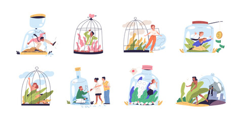 People in cage. Alone sad girl stuck birdcage, personal prison escape mental freedom independence, release prisoner abuse control or trafficking concept classy vector illustration - obrazy, fototapety, plakaty