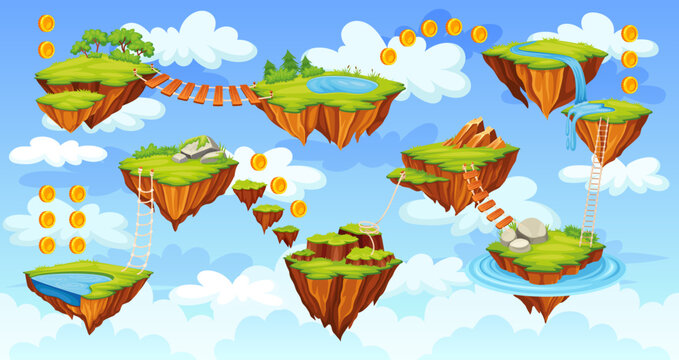 Arcade level map. Rock island platforms for jumping road to goal play 2d video game old computer console floating nature ground gaming world background neoteric vector illustration