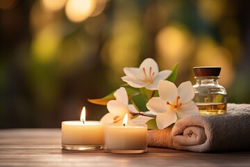 Spa still life with candles, towel and flowers on wooden table