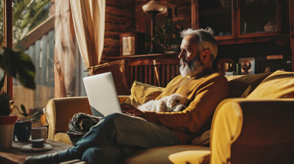 Obraz na płótnie Canvas Mature handsome man stylish using a laptop in the living room with dog