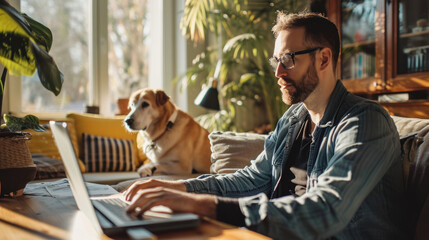 Mature handsome man stylish using a laptop in the living room with dog