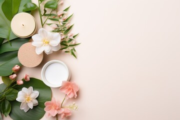 Flat lay composition with cosmetic products and flowers on beige background