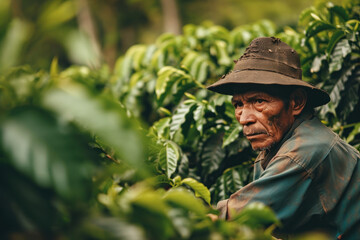 Mature Colombian man working in the coffee field
