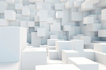 Intriguing and dynamic abstract composition featuring a clean array of white cubes or squares artfull