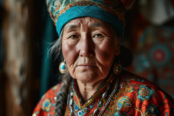 portrait Kazakhstan mature woman in the traditional dress