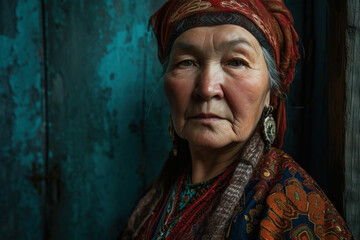 Obraz premium portrait Kazakhstan mature woman in the traditional dress