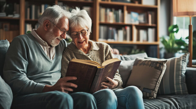 Senior couple reading book on the sofa in living room