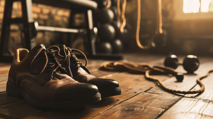 Leather shoes on the wooden floor - obrazy, fototapety, plakaty