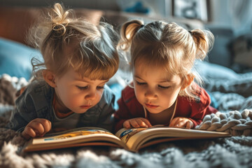Two children lie on their tummies and read the same book together - obrazy, fototapety, plakaty