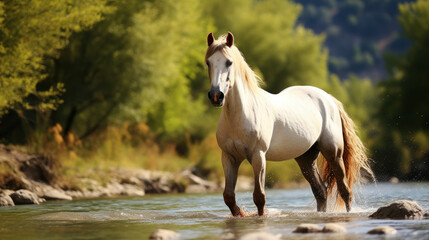 white and brown horse near river