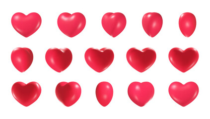 3d heart rotation. Isolated hearts shape animation for cartoon game, valentine day wedding scarlet love symbol, sprite sheet looping objects realistic nowaday vector illustration