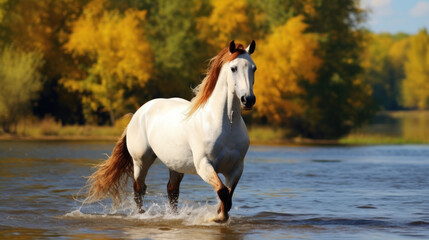 Obraz na płótnie Canvas white and brown horse near river