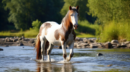 Obraz na płótnie Canvas white and brown horse near river