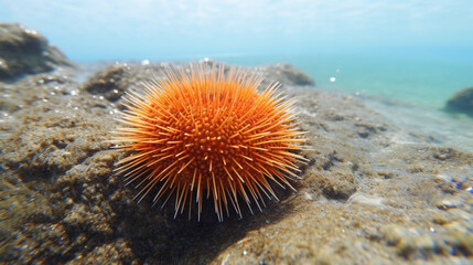 Naklejka na ściany i meble Sea urchin (Echinoidea). Sea urchins have a rounded body, reaching up to 30 cm in size Generative AI