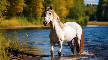 Obraz na płótnie Canvas white and brown horse near river