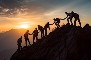 Group of team people helping work on peak mountain climbing teamwork , travel trekking winner success business concept