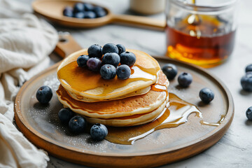 Wood plate of delicious pancakes with fresh blueberries and syrup on grey table against light background/ National Pancake Day