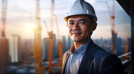 Portrait of engineer worker wear hard hat, standing on skyscraper building construction. Architect engineer during inspection at construction site. Generative AI - obrazy, fototapety, plakaty