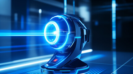 A futuristic 3D retina scanner projecting a laser beam, 3d security, blurred background, with copy...