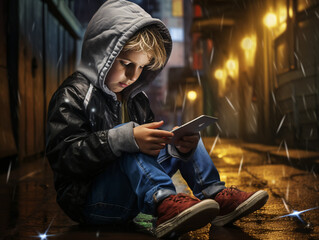 Niño adicto a las pantallas y a las redes sociales mientras el mundo pasa a su alrededor - obrazy, fototapety, plakaty